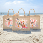 Personalised Watercolor Sea Turtle Ocean Animals Large Jute Tote Bag with Name Travel Accessory Beach Party Birthday Gift for Women