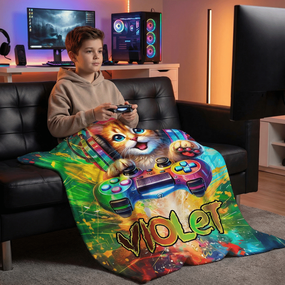 Plaid personnalisé Graffiti Animal Gamer avec nom Décoration d'intérieur Utilisation quotidienne Cadeau d'anniversaire pour Gamers Amis 4