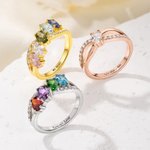 Personalized 1-6 Birthstones Sterling Silver Ring with Engraved Text Dainty Jewelry Anniversary Birthday Mother's Day Gift for Women