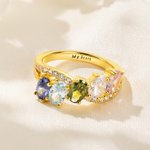 Personalized 1-6 Birthstones Sterling Silver Ring with Engraved Text Dainty Jewelry Anniversary Birthday Mother's Day Gift for Women