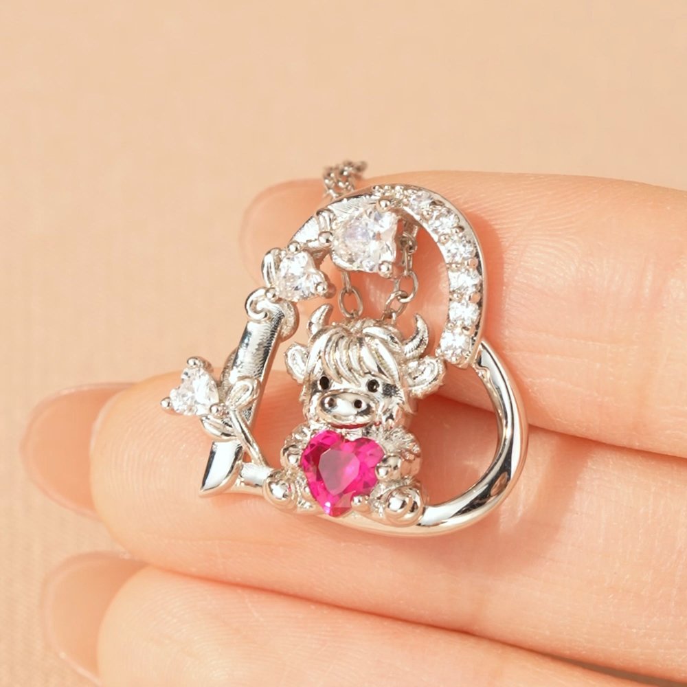 Highland Cow Hugging Birthday Love - Personalized Heart Pendant Birthstone Sterling Silver Necklace 5