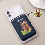 Gepersonaliseerde olieverfschilderij stijl huisdier foto PU lederen iPhone MagSafe kaarthouder met naam Dagelijks gebruik Verjaardagscadeau voor huisdierliefhebber