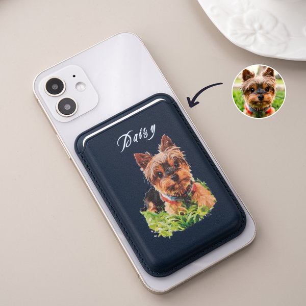 Personalized Oil Painting Style Pet Photo PU Leather iPhone MagSafe Card Holder with Name Daily Use Anniversary Birthday Gift for Pet Lover