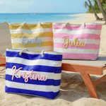 Personalized Multicolor Striped Beach Bag with Name Birthday Summer Beach Vacation Gift for Her