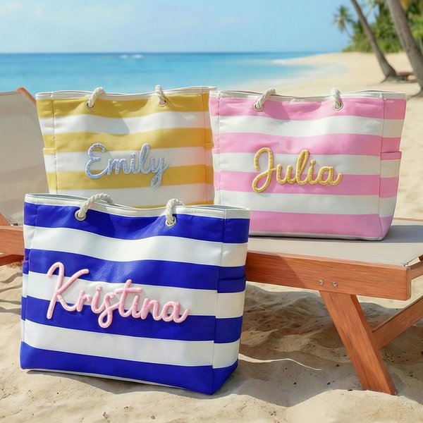 Personalized Multicolor Striped Beach Bag with Name Birthday Summer Beach Vacation Gift for Her