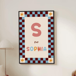Toile personnalisée avec initiale et nom - Style damier multicolore - Cadeau de naissance pour nouveaux parents