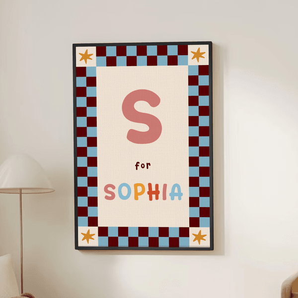 Personalised Multicolor Plaid Framed Canvas Print with Initial and Name Nursery Room Decor Ship from USA Baby Shower Birthday Gift for Newborns Kids