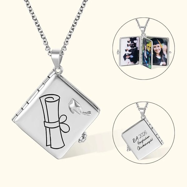 Personalisierte Mini-Album Halskette mit 4 Fotos und Gravur | aufklappbares Medaillon | Andenken zur Graduierung | Abschluss Geschenk für Absolventen