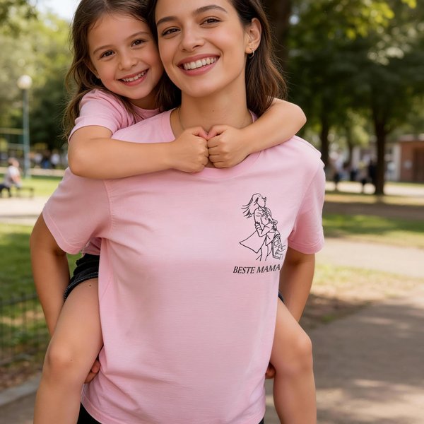 Personalisiertes T-Shirt mit Line-Art-Stickerei nach Foto | mit Wunschtext | Sweatshirt und Hoodie | Geburtstag Muttertag Geschenk für Familie Freunde