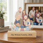 Personalised Flat Style Group Photo Portrait Acrylic Ornament with Bottom Text and Beech Wood Base Home Decor Mother's Day Gift for Mom Grandma