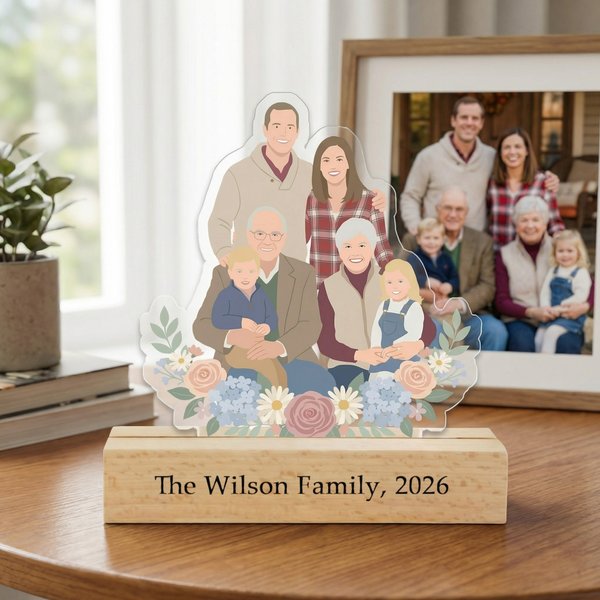 Personligt gruppfotoporträtt i platt stil Akrylprydnad med bottentext och bokträbas Heminredning Mors dag-present till mamma mormor