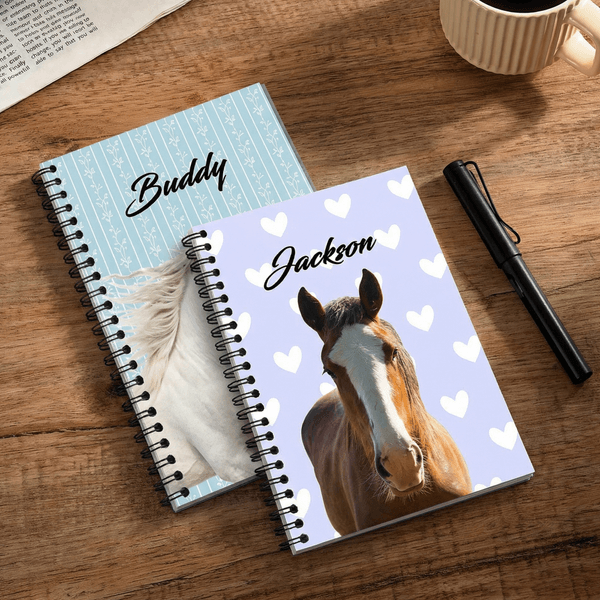 Personalised Multi-Colour Heart Hoof Pattern Horse Photo Notebook with Name Writing Use Anniversary Gift for Horse Lovers Writing Enthusiasts