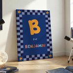 Toile personnalisée avec initiale et nom - Style damier multicolore - Cadeau de naissance pour nouveaux parents