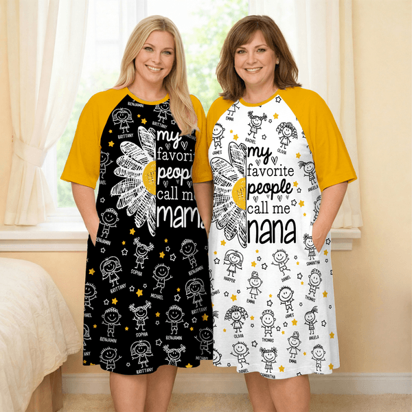 Personalised 1-16 Cartoon Line Art Kids Nightgown with Names and Side Pocket Daily Wear Mother's Day Birthday Gift for Grandma Mom