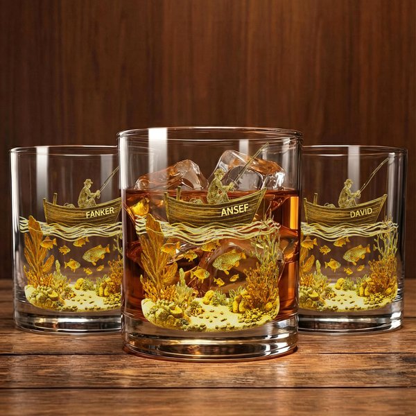 Personalised Fishing Theme Old-Fashioned 10 oz Whiskey Glass with Name Daily Use Father's Day Birthday Gift for Men Fishing Enthusiasts
