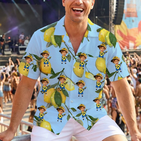 Personlig Hawaiian Style Lemon Theme Face Photo Soft Shirt Beach Party Vacation Födelsedagspresent för familj vänner resor älskare