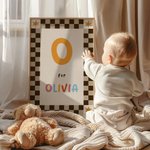 Toile personnalisée avec initiale et nom - Style damier multicolore - Cadeau de naissance pour nouveaux parents