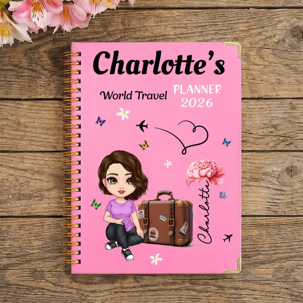 Personalised Cartoon Character World Travel 2026 Planner A5 Spiral Notebook with Weekly and Monthly Planning Pages Daily Use Travel Gift for Travellers