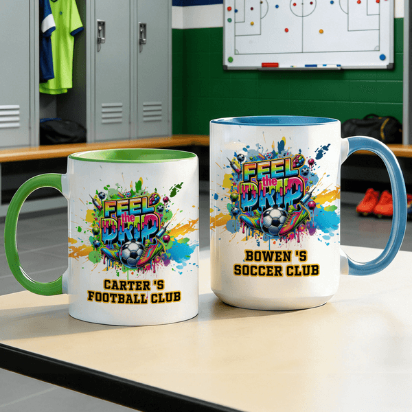 Personalized Street Style Soccer Club 11 oz 15 oz Ceramic Mug Coaster with Text and Name Game Day Birthday Gift for Soccer Lover