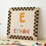 Toile personnalisée avec initiale et nom - Style damier multicolore - Cadeau de naissance pour nouveaux parents