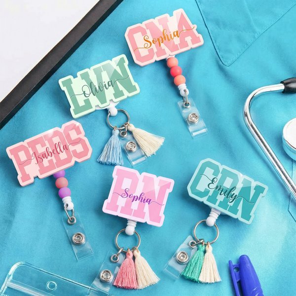 Personalized Multi-Color Tassel Beads Nurse Badge Reel with Name Nurse Clinic Use Birthday Gift for Nurse Medical Staff