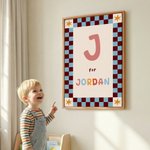 Toile personnalisée avec initiale et nom - Style damier multicolore - Cadeau de naissance pour nouveaux parents