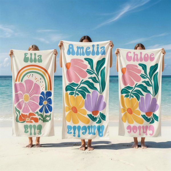 Personalisiertes Mehrfarbiges Blumen Strandtuch mit Namen Schnelltrocknend Übergroß Reisezubehör Geburtstag Sommer Urlaub Party Geschenk für Damen