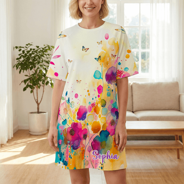 Personalized Vibrant Watercolour Floral Soft Oversized Sleep Dress with Name Daily Use Birthday Gift for Mom Grandmom