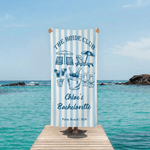 Personalisierte Champagner gestreiftes Strandtuch mit Text Ort und Datum Sommerurlaub Bachelorette Party Geburtstag Geschenk für Mädchen Brautjungfern