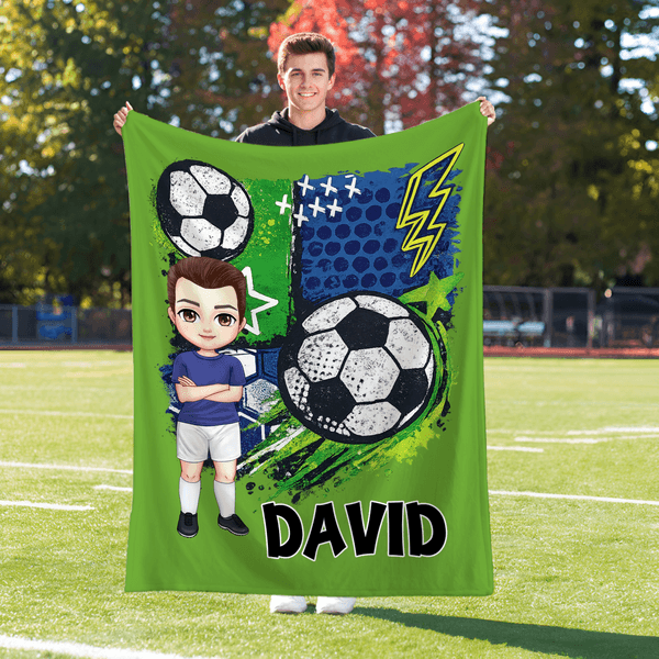Personalised Multicolour Cartoon Character Soccer Soft Throw Blanket with Name Home Decor Team Birthday Gift for Soccer Lovers
