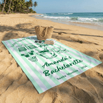 Personalisierte Champagner gestreiftes Strandtuch mit Text Ort und Datum Sommerurlaub Bachelorette Party Geburtstag Geschenk für Mädchen Brautjungfern