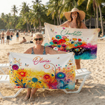 Personalisiertes Strandtuch mit Aquarell-Blumendesign und Namen | schnelltrocknend | Strand Sommer Urlaub Geschenk für Familie Freunde