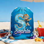 Personalised Cartoon Diving Character Initial Drawstring Bag with Name Outdoor Activities Beach Party Birthday Gift for Kids Family