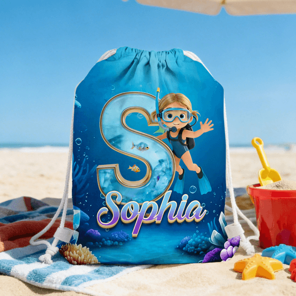 Personalised Cartoon Diving Character Initial Drawstring Bag with Name Outdoor Activities Beach Party Birthday Gift for Kids Family