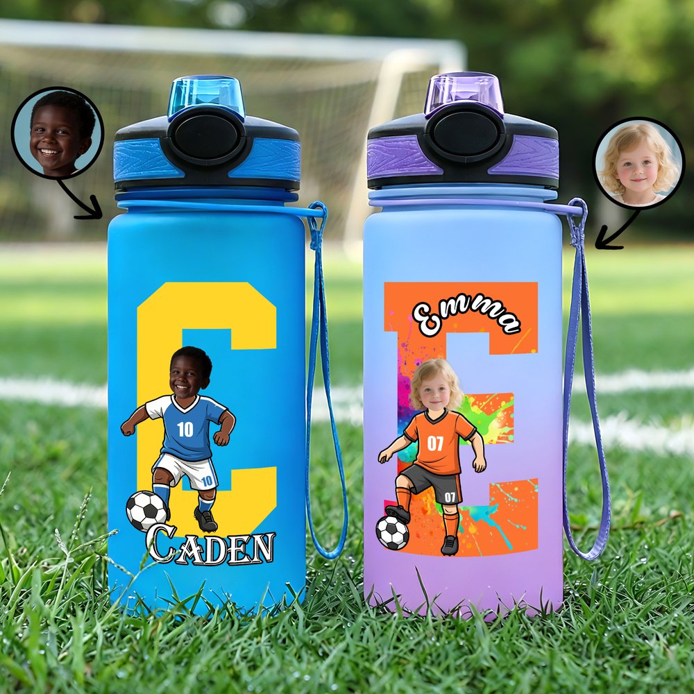 Personalised Cute Face Photo Football Pattern 17 oz Kids Water Bottle with Name and Initial Daily Drinking Children's Day Gift for Boys Girls 3