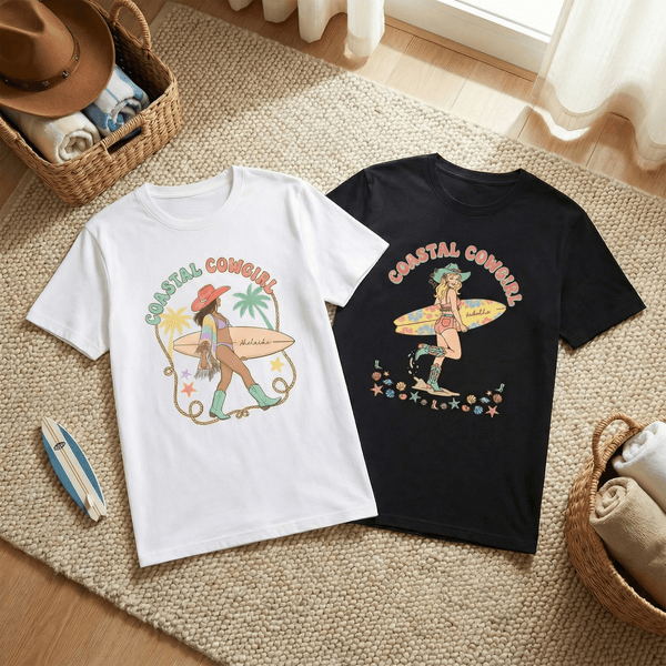 T-shirt personnalisé avec nom pour la fête des mères, style planche de surf multicolore, pour les femmes et les filles