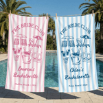 Personalized Champagne Striped Beach Towel with Text Location and Date Summer Vacation Bachelorette Party Birthday Gift for Girls Bridesmaids