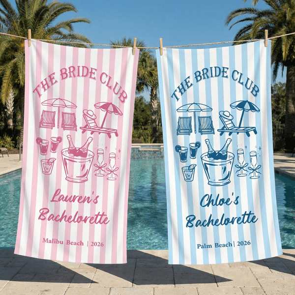 Personalized Champagne Striped Beach Towel with Text Location and Date Summer Vacation Bachelorette Party Birthday Gift for Girls Bridesmaids