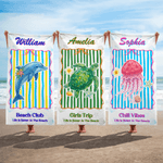 Personalized Watercolor Ocean Animal Oversized Quick Dry Beach Towel with Name and Text Summer Vacation Accessory Birthday Gift for Kids Friends Women