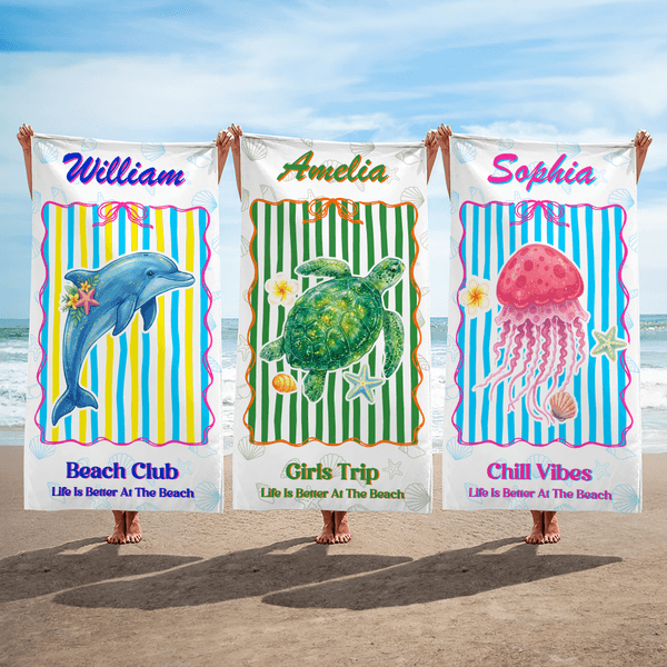 Personalized Watercolour Ocean Animal Oversized Quick Dry Beach Towel with Name and Text Summer Vacation Accessory Birthday Gift for Kids Friends Women