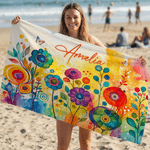 Gepersonaliseerde Watercolor Bloemen Ontwerp Sneldrogend Oversized Microfiber Strandlaken met Naam Strandfeest Vakantiegeschenk voor Familie Vrienden