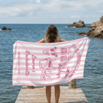 Personalisierte Champagner gestreiftes Strandtuch mit Text Ort und Datum Sommerurlaub Bachelorette Party Geburtstag Geschenk für Mädchen Brautjungfern
