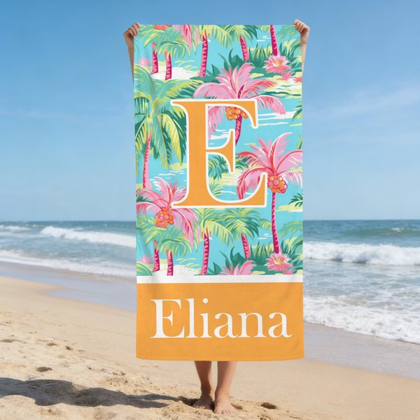 Toalla de playa de microfibra de secado rápido con nombre e inicial Personalizada con diseño de palmeras de colores Fiesta en la playa Regalo de cumpleaños para un amigo de la familia