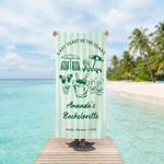 Personalisierte Champagner gestreiftes Strandtuch mit Text Ort und Datum Sommerurlaub Bachelorette Party Geburtstag Geschenk für Mädchen Brautjungfern
