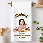 Personalized Baking Because Cooking Is Love Kitchen Character Waffle Tea Towel with Name Daily Use Birthday Gift for Her