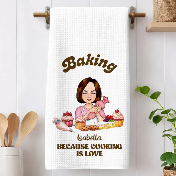 Personalized Baking Because Cooking Is Love Kitchen Character Waffle Tea Towel with Name Daily Use Birthday Gift for Her