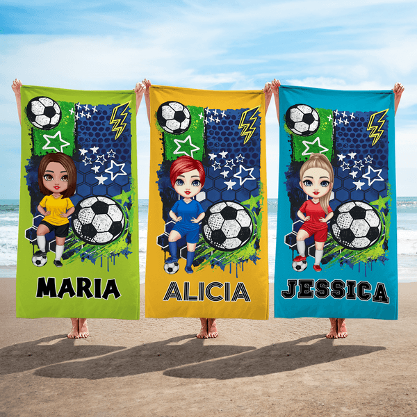 Gepersonaliseerde Cartoon Voetbal Character Oversized Quick Dry Strandlaken met Naam Travel Essentials Verjaardagscadeau voor voetballiefhebbers