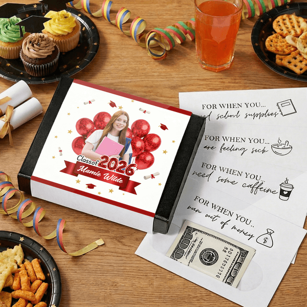Personalised Class of 2026 Balloon Photo Cash Gift Card Survival Box College Care Package with 20 Cards High School Graduation Gift for Students