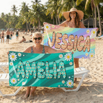 Personalisiertes Strandtuch im Regenbogen-Stil | mit Gänseblümchen und Namen | schnelltrocknend und übergroß | Geburtstag Geschenk für Frau Freundin