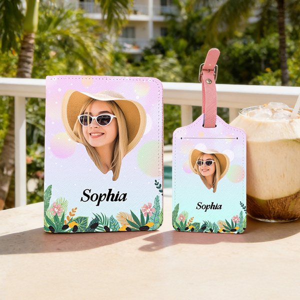 Personalizada Cara Foto Floral PU Cuero Etiqueta de equipaje Pasaporte Titular con Nombre Uso Diario Cumpleaños Viaje Regalo para los amantes de los viajes Amigos Besties